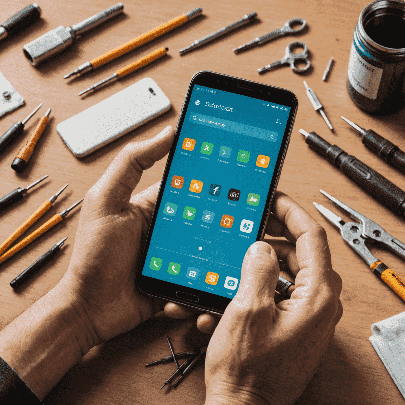 صورة توضيحية لشخص يقوم بصيانة هاتف ذكي، مع أدوات مختلفة حوله مثل مفكات دقيقة وقطع قماش نظيفة